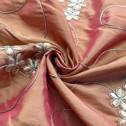 Тафта с вышивкой сутаж D1, морковно-оранжевый, серебряный, 90 г/м², 150 см