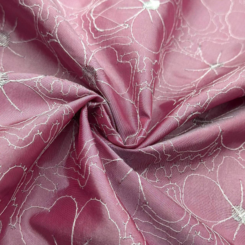 Тафта с металлической вышивкой, розовый, серебряный, 90 г/м², 150 см